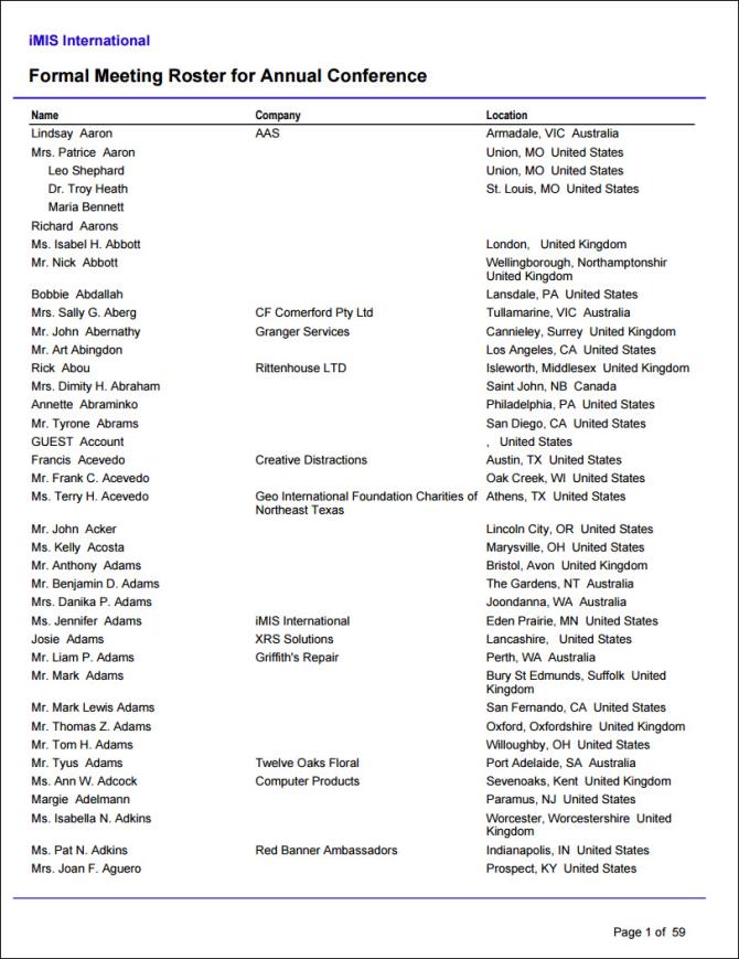 Viewing the Formal Meeting Roster report example